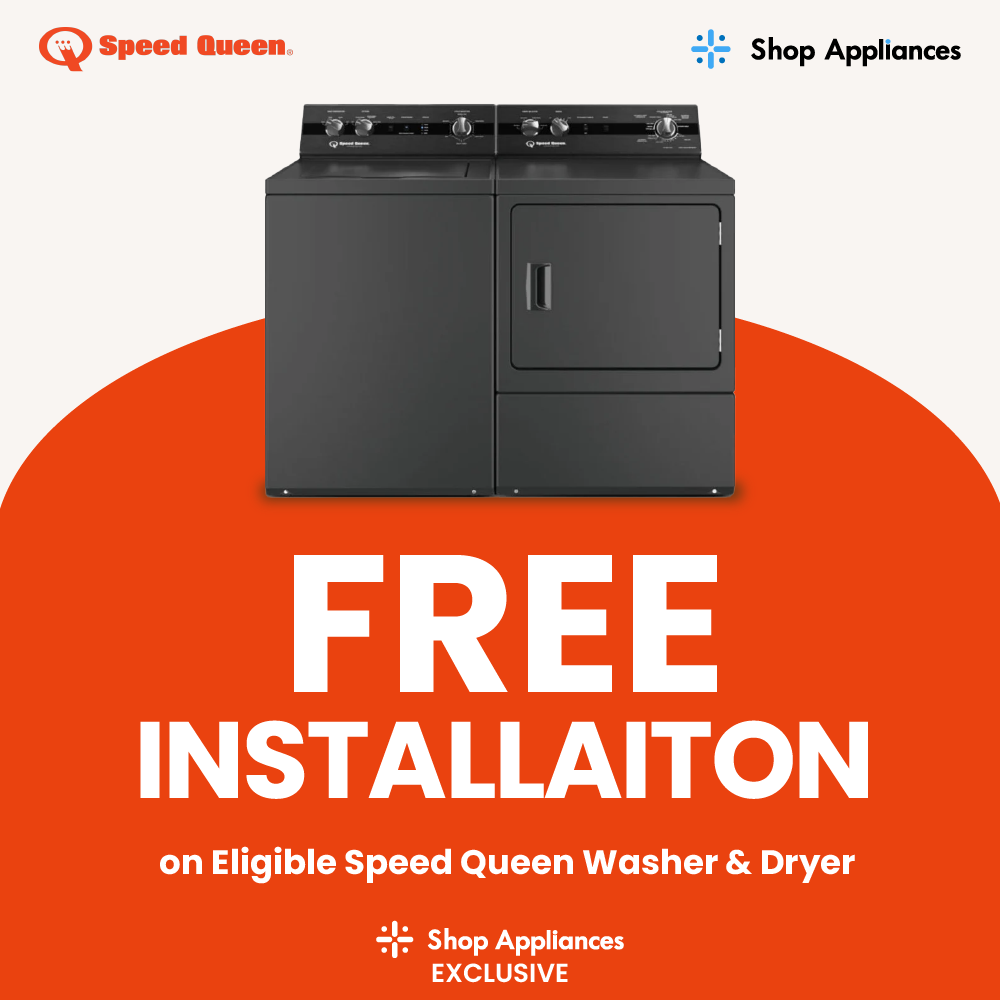 Speed Queen free installation promotion for matte black laundry appliances